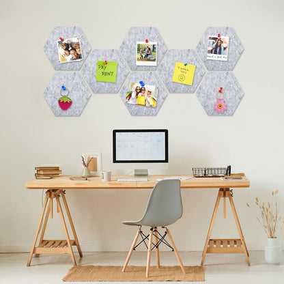 8 Packs Light Grey Hexagon Felt Pin Board, 12" Bulletin Board with 30 Push Pins, Felt Board for Home Kitchen Office Decor, Self-Adhesive Corkboard Tiles for Walls Message Photos Memos Display