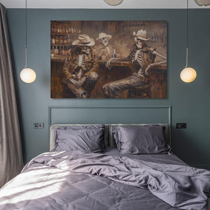 Skeleton Cowboy Saloon Trio Western Rustic Canvas Printing Wall Art Posters Prints Bohemian Aesthetic Bar Scene Oil Style Wall Decor for Living Room Bedroom Bar Office Den 12x18inch(30x45cm)