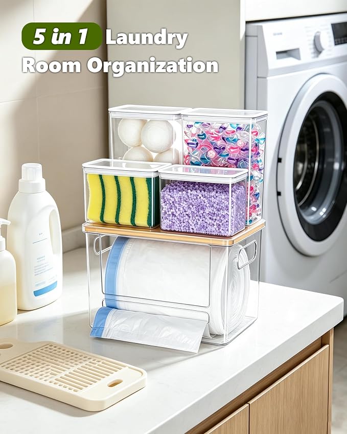 iCASA Trash Bag Dispenser Dishwasher Pods Container, 5 in 1 Garbage Bags Holder Under Sink Organizer Acrylic Laundry Pod Detergent Powder Container, Kitchen Pantry Laundry Room Organization Storage