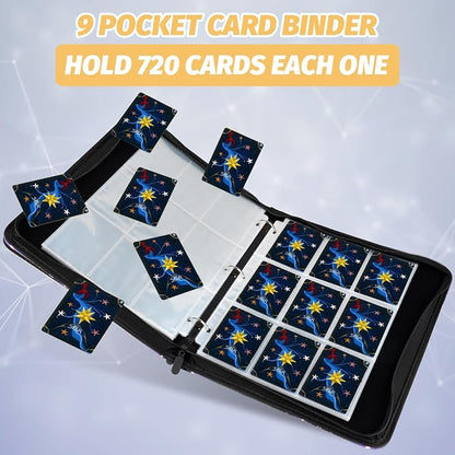 720 Pockets Round Ring Trading Card Binder, 9-Pocket Clear Zipper Card Album with Wrist Strap, Holds 720 Standard TCG Cards Compatible with Sports Baseball Football Game Cards (Dark Blue)