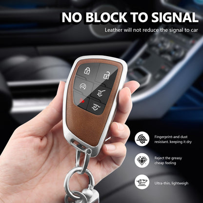 HEKBRYN for Chevy Key Fob Cover PU Leather, 3/4/5/6 Button Heavy Duty Car Key Case for Chevy 2022 2023 2024 2025 2026 GMC Sierra 1500 Suburban Tahoe Yukon Denali Silverado 2500HD(Silver-Brown)