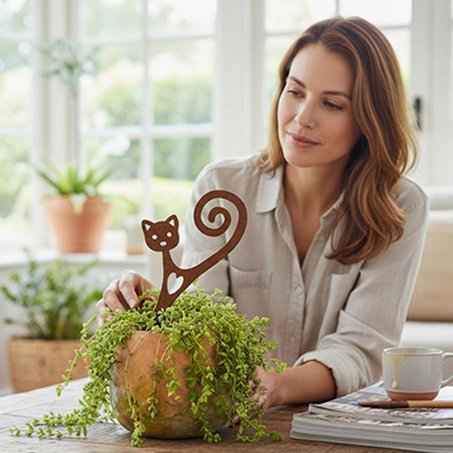 STEELDECO Cat Garden Stake A Powder-Coated Metal Plant Pick & Cute Decor for Indoor & Outdoor Planters and Gardens