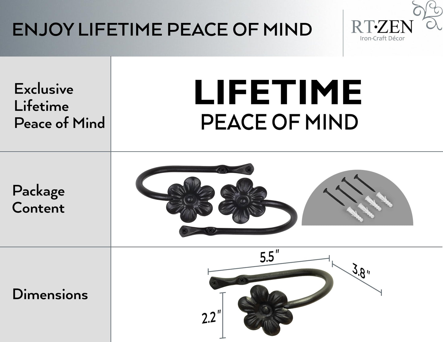 RTZEN Decorative Metal Curtain Tiebacks - Farmhouse Wrought Iron Curtain Holdbacks - Drapery Holders for Wall - Unique Metal Tie Backs for Curtains - 2 Pcs (Black Flower)