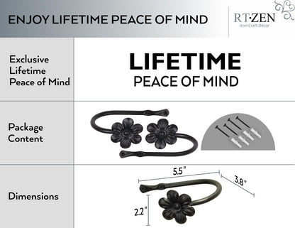 RTZEN Decorative Metal Curtain Tiebacks - Farmhouse Wrought Iron Curtain Holdbacks - Drapery Holders for Wall - Unique Metal Tie Backs for Curtains - 2 Pcs (Black Flower)