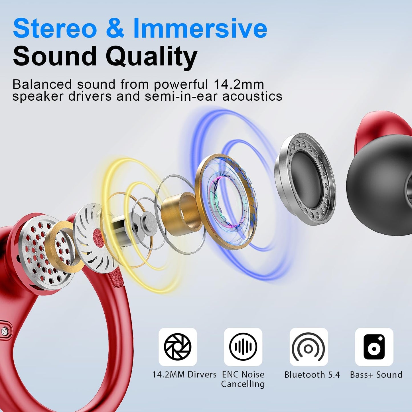 Wireless Earbud, 75Hrs Bluetooth 5.4 Headphones IP7 Waterproof for Sport, Running Wireless Earphones with ENC Noise Canceling Mics, Deep Bass Over Ear bud with Earhooks for Android, iOS, Workout, Gym