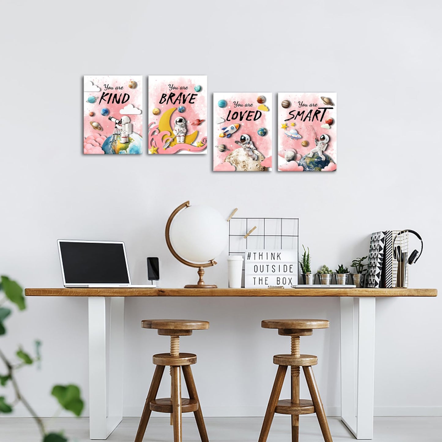 LoveHouse Space Wall Art Astronaut Kids Room Wall Decor Inspirational Quotes Canvas Prints Cosmic Painting for Nursery Classroom (Pink)