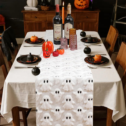 3D Halloween Indoor Decoration Table Runner - White Ghosts Soft Plush Faux Fur Fabric Holiday Home Kitchen Dining Party Table Decor 13x72 Inch Long