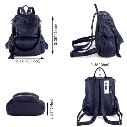 UTO Women Backpack Purse Leather Vegan Ladies Fashion Designer Rucksack Convertible Travel Shoulder Bag with Tassel Blue