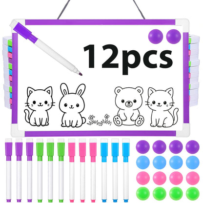 12 Set Hanging Magnetic Dry Erase Board, 11.8" x 7.68" Small Double-Sided Whiteboard Kit for Kids & Classroom, Includes Markers & Magnets (Pink, Blue, Green, Purple)