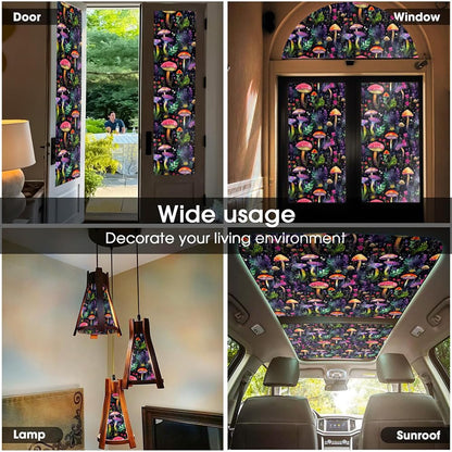 Dark Black Purple Pink Red Mushroom Flowers Stained Glass Window Films Decorative Double-Side Privacy Film Self-Adhesive Static Glass Clings for Living Room Bathroom Decor