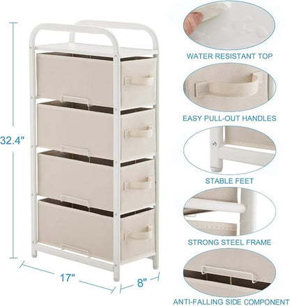 MAX Houser 4 Drawer Narrow Dresser Fabric Storage Tower Vertical Slim Storage Chest Organizer Nightstand Side/End Table Small Standing Organizer Removable Drawers Wood Top for Bedroom, Bathroom(Beige)