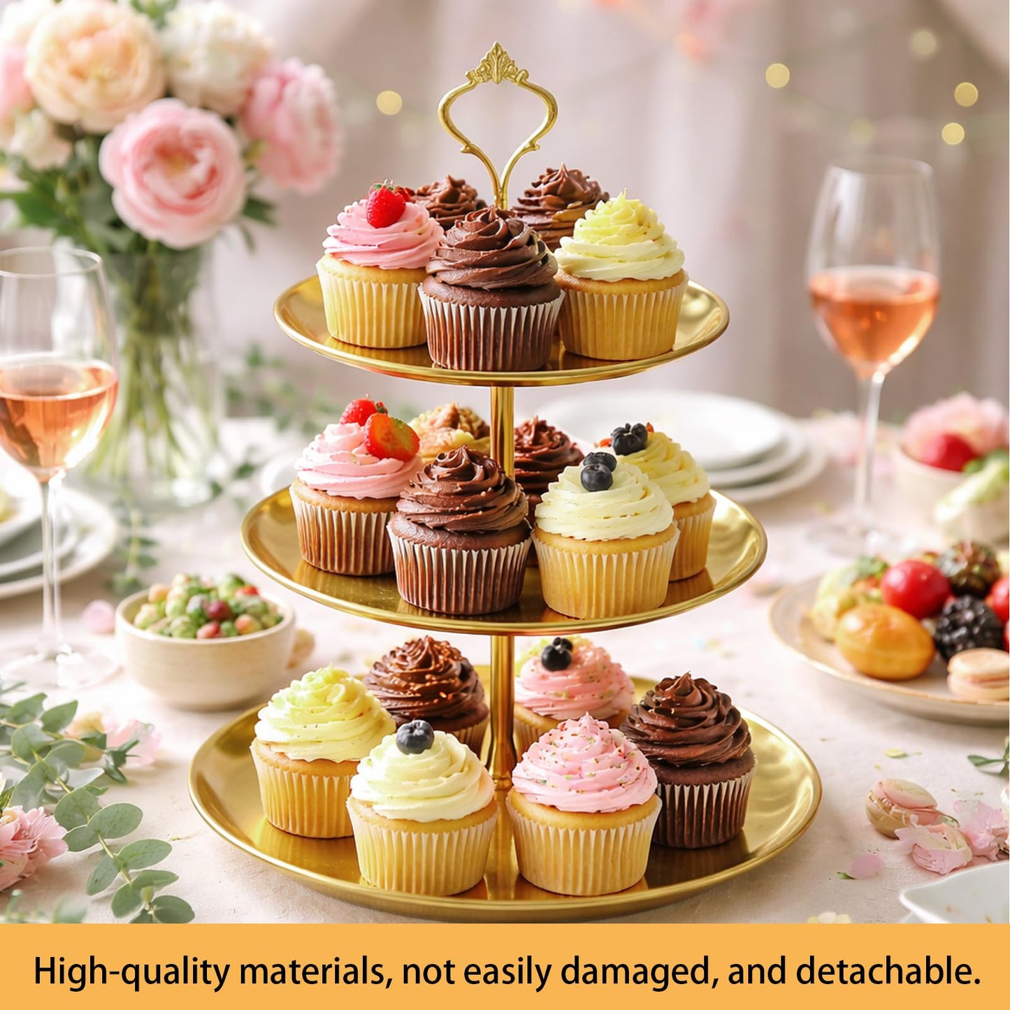 MOSIOBERDAVIAN 3 Pcs 3 Tier Stainless Steel Cupcake Stand, Gold Tiered Dessert Stand for Wedding, Birthday Party, Baby Shower, Tea Party, Graduation Ball (Gold)