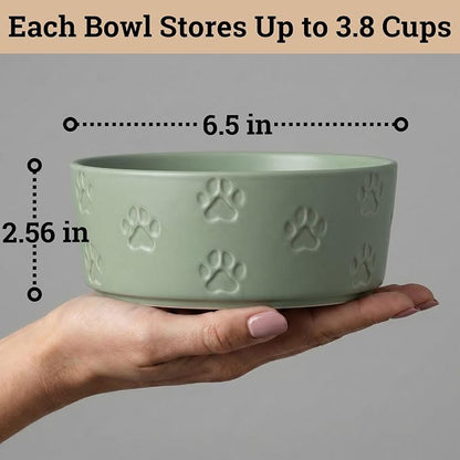 Ceramic Dog Bowl Set of 2 with Anti-Skid Base - 6.5" Wide x 2.5" Tall Ceramic Dog Bowls Medium Sized Dogs - 3.8 Cup Capacity Food and Water Bowls for Dogs - Rubber Bottom Pet Bowl Set of 2 Medium Size
