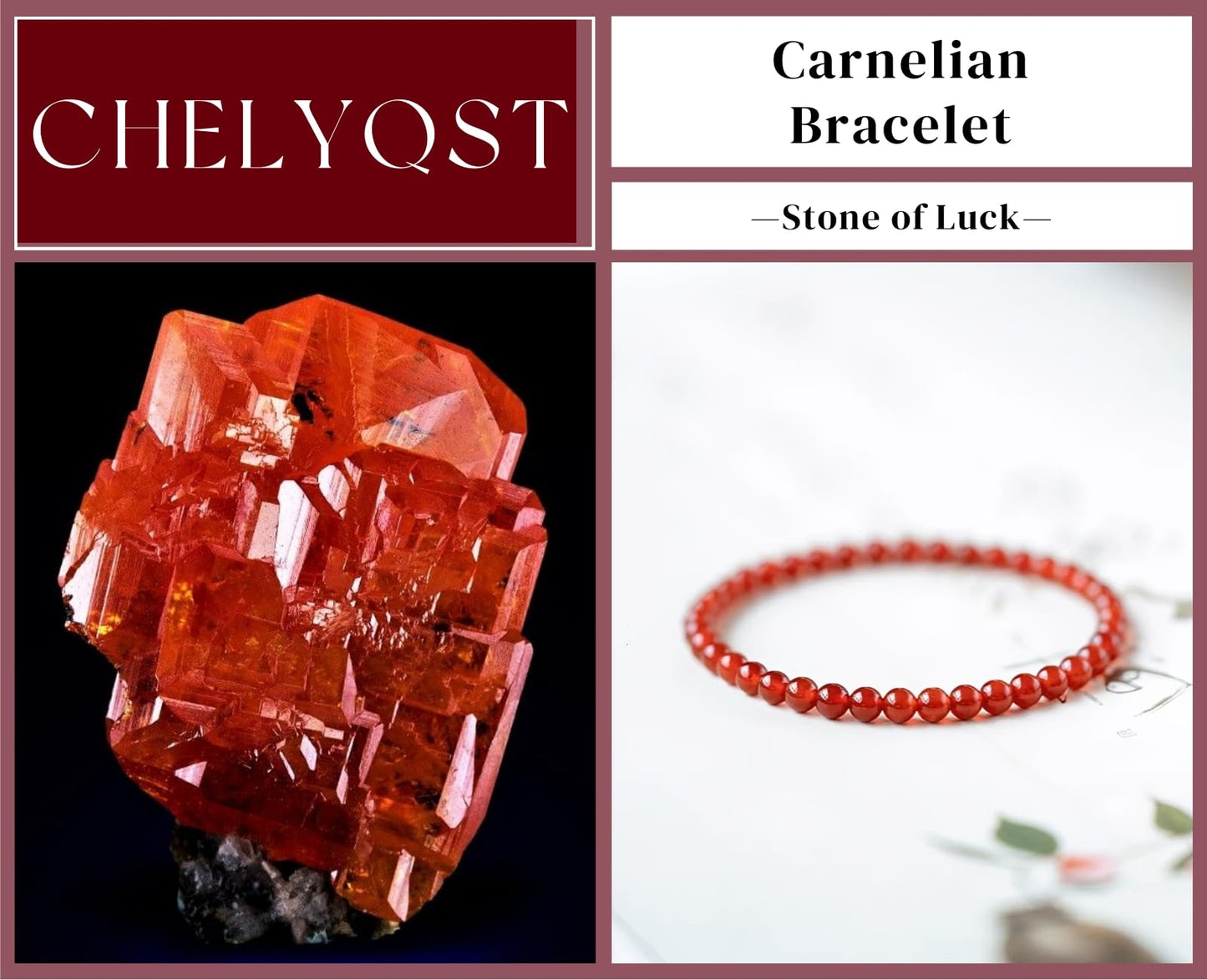 CHELYQST Carnelian Bracelet - Stone of Luck,Stretch Natural Stone Crystal Beads Jewelry Gifts for Women Men Unisex,4mm