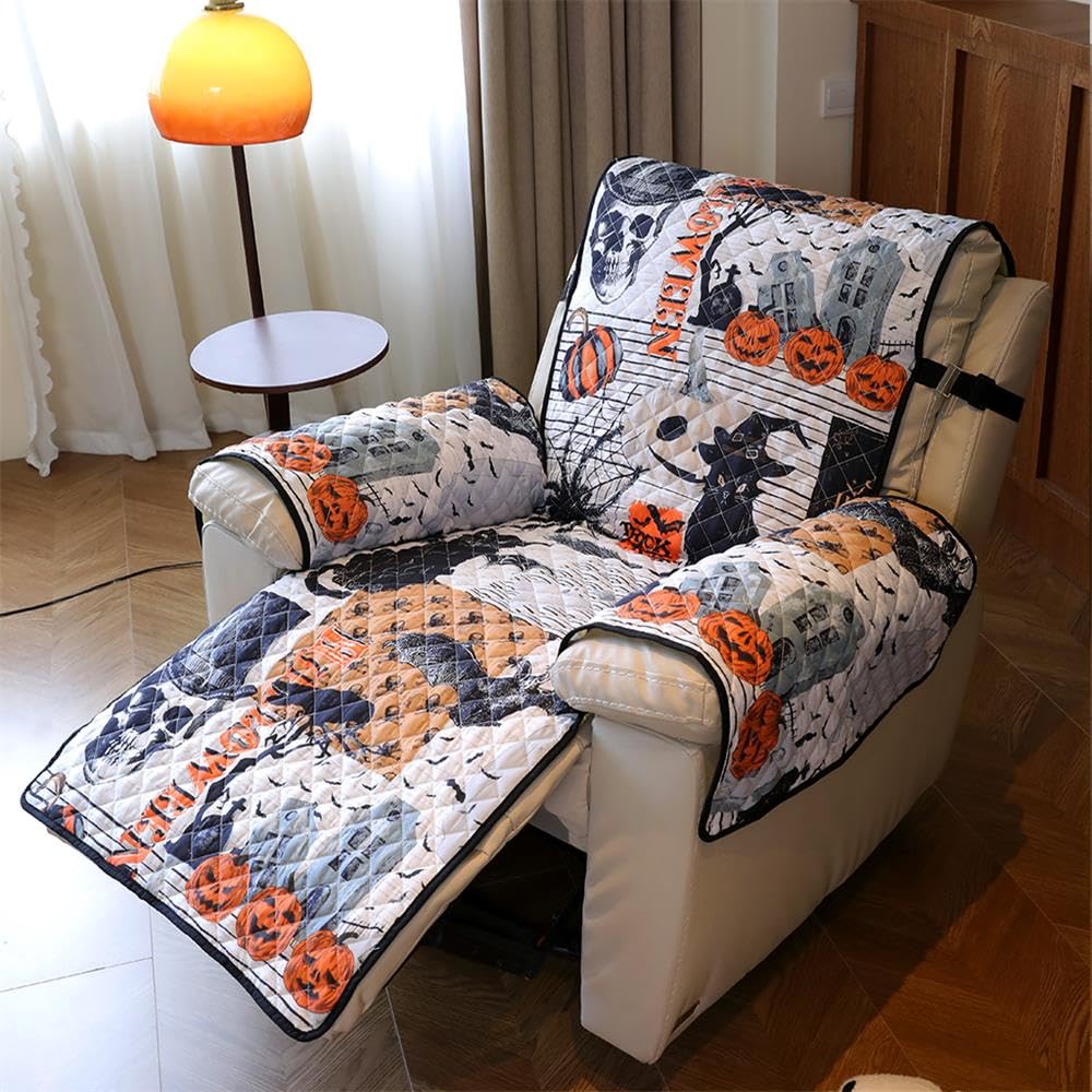 Cmfshape Halloween Skidproof Sofa Cover-Festival Sofa Slipcover with Elastic Straps-Easy Fit Slip Cover-Patchwork Washable Furniture Protector for Pets and Kids(Recliner,Black&Orange)