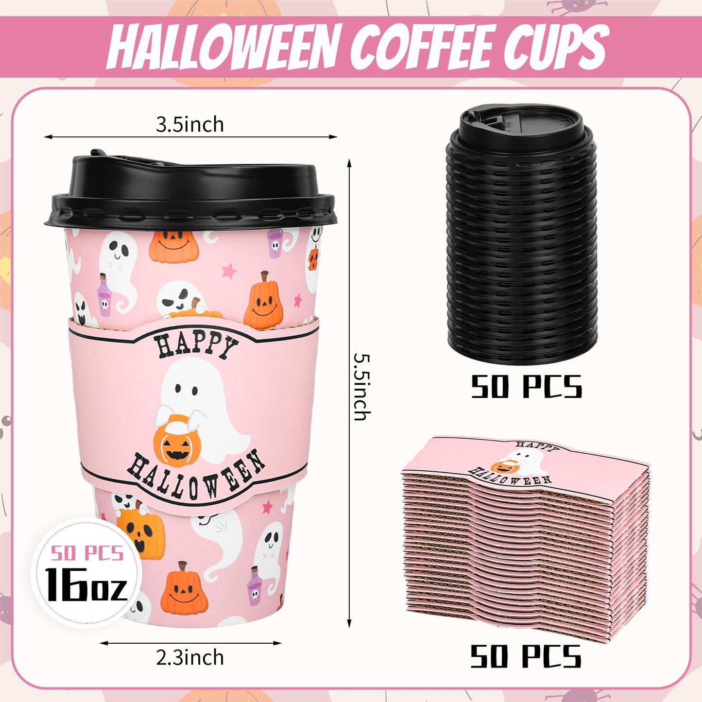 Whaline 50Pcs 16Oz Halloween Disposable Coffee Cups with Lids and Sleeves Pink Ghost Boo Pumpkin Paper Drinking Cup for Trick or Treat Birthday Party Supplies