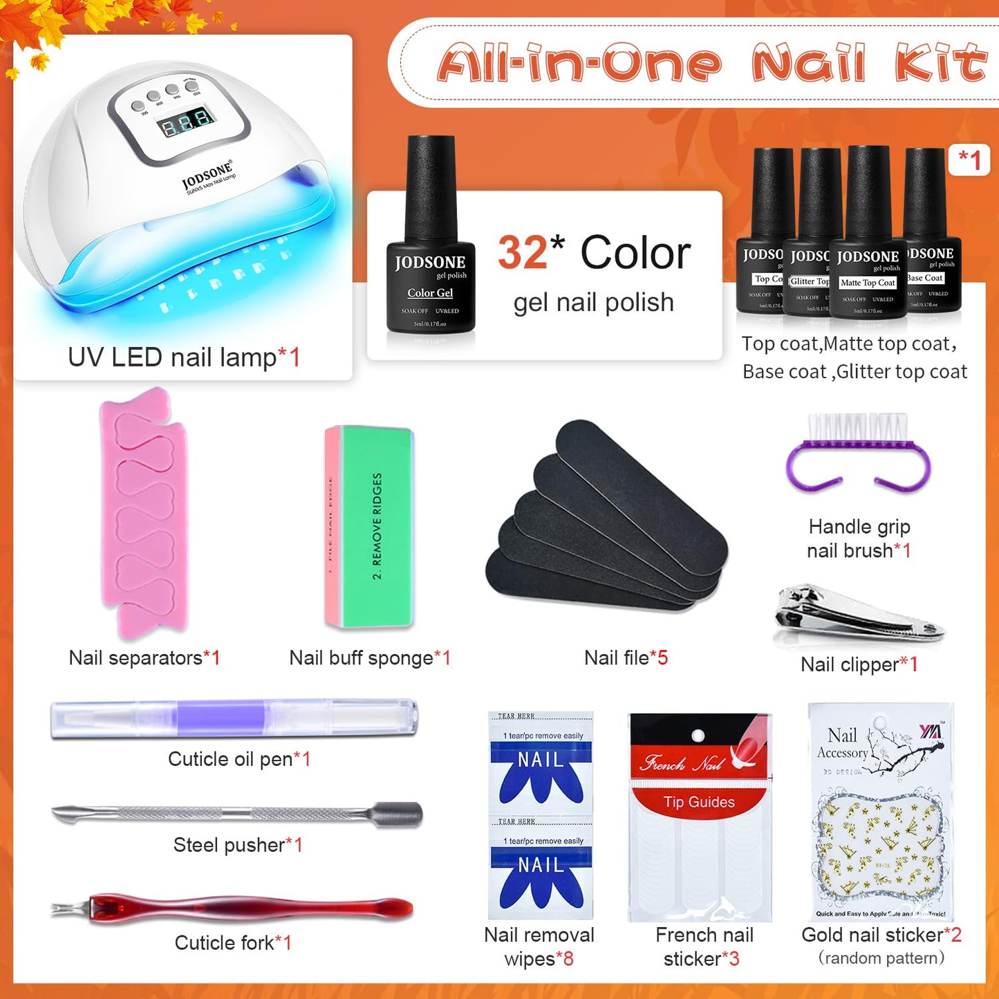 JODSONE Gel Nail Polish Kit with U V Light 32 Colors Gel Polish Nail + 4 Functional Adhesive Bottles Kit Soak Off Manicure Tools Gifts for Women