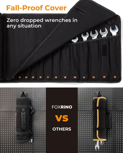 Foxrino Wrench Roll, Wrench Roll Up Pouch, 19-Pocket Heavy Duty Canvas Wrench Organizer Bag for Metric Combination Wrenches, Portable Tool Roll Bag, Gifts for Men for Fathers Day(Black, 19+1 Metric)