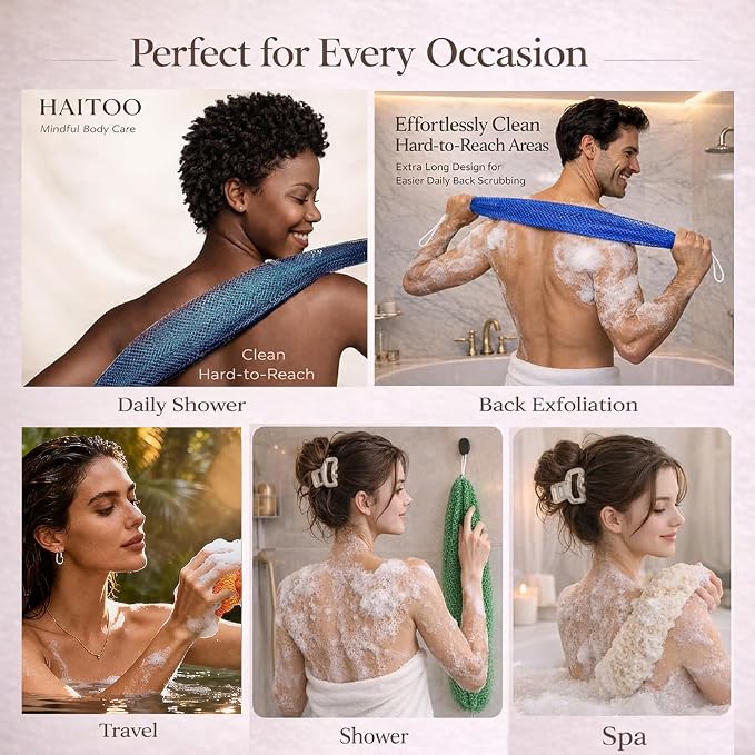 African Net Sponge Authentic, 4 Pieces African Exfoliating Net Sponge Body Back Scrubber Exfoliating Washcloth for Shower Bath for All Types (Black+Olive Green+Pink+Champagne Gold, 4 Pcs)