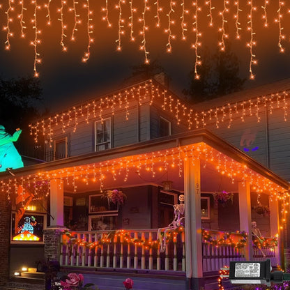 QITONG Orange Icicle Lights for Outside, 33ft 400 LED String Light with 8 Modes, Clear Wire Connectable Icicle Christmas Lights Indoor Plug in for Halloween Thanksgiving Fall Décor