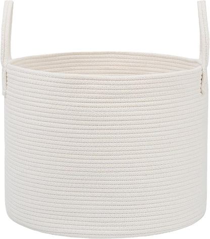 JMvicyroam 65L Extra Large Blanket Basket for Living Room - Woven Cotton Rope Laundry Hamper with Reinforced Handles - Storage Bin for Pillows, Comforters & Toys - Machine Washable,White