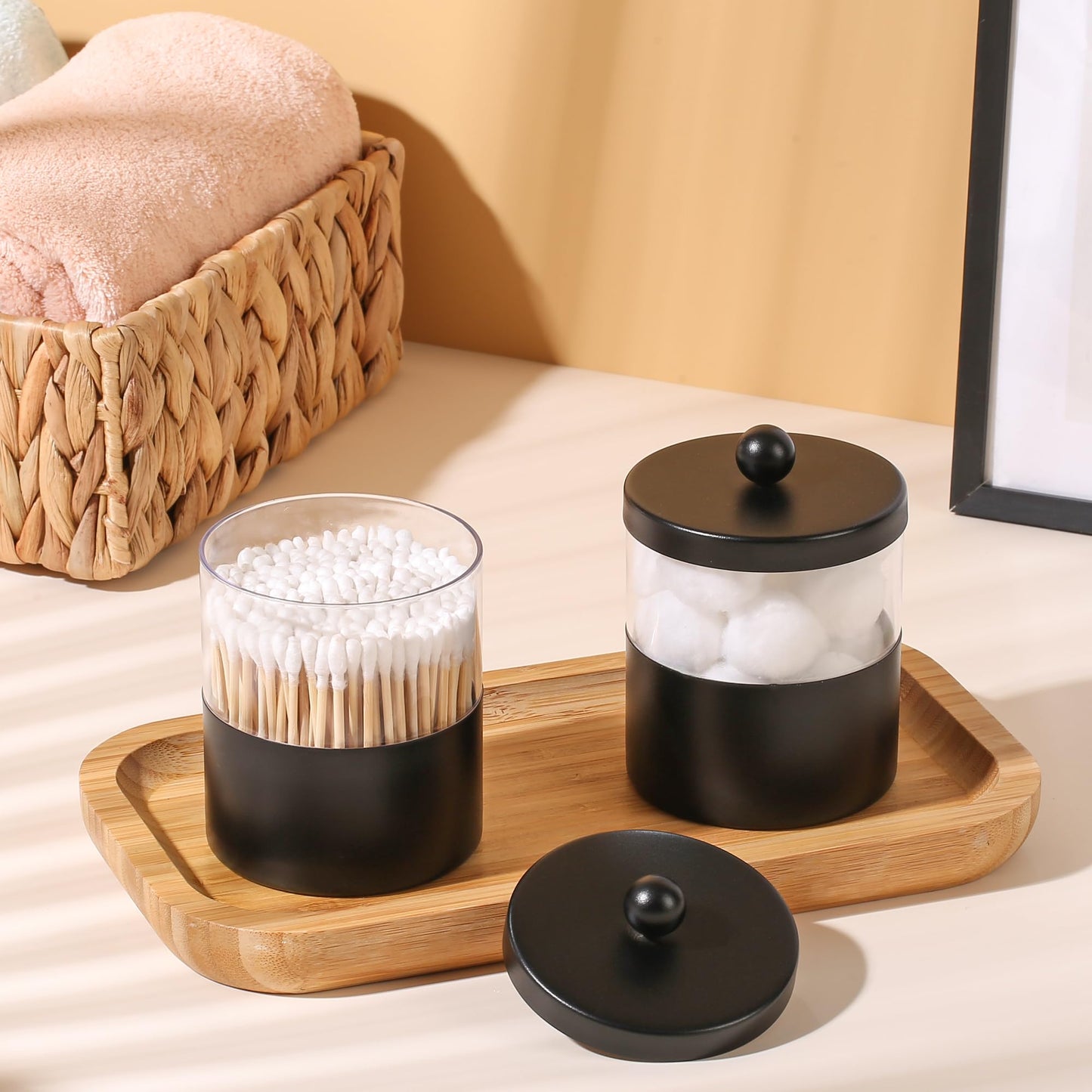 Gaussra Black Apothecary Jars, Black Qtip Holder - Stainless Steel Bathroom Jar with Stickers - Farmhouse Decor Qtip Dispenser for Qtips, Cotton Balls, Swabs, Makeup Sponges (2-Pack)