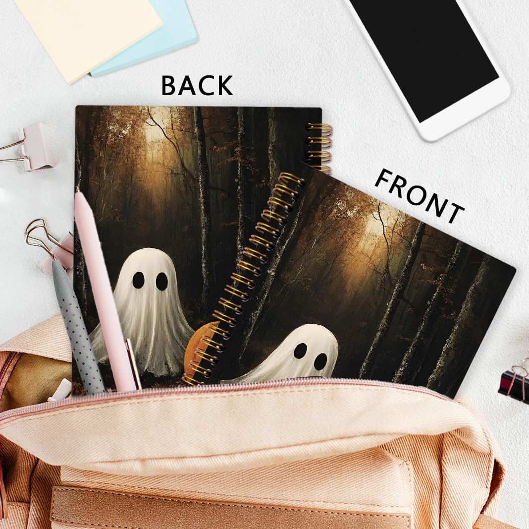nvucamd Vintage Halloween Spiral Notebook, Witchy Fall Ghost Pumpkin Journal Notebook, Gothic Ghost Gifts Journaling Notebooks for Women, Halloween Gifts Office Supplies, 5.5x8.3 Inch