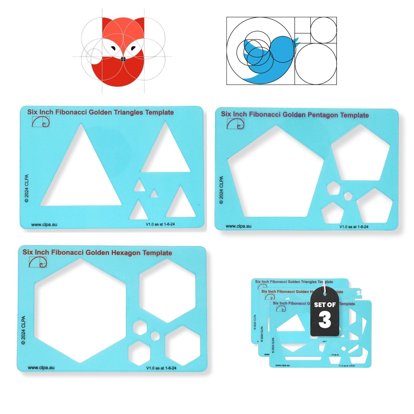 CLPA Fibonacci Full Template Set — 9 Pieces | 6" Circle, Triangle, Square, Star, Pentagon, Hexagon, Spiral, Oval | Complete Golden Ratio Drawing Tool Kit | Clear PETG | Made in Australia