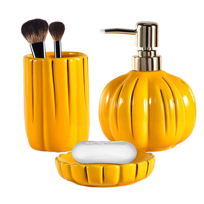 Ceramic Bathroom Accessories Set of 3, Thanksgiving Pumpkin Bathroom Decor, Fall Bathroom Sets Complete -Toothbrush Holders, Soap Dispenser, Soap Dish, Bathroom Organizer for Countertop