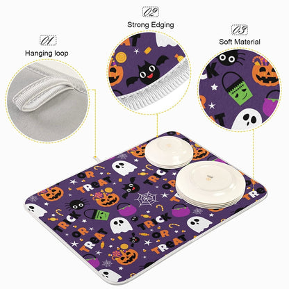 Happy Halloween Purple Pumpkin Fall Dish Drying Mat 16x18 for Kitchen Counter Trick or Treat Spooky Ghost Reversible Dishes Draining Mats Medium Absorbent Fast Dry Pad Halloween Accessories
