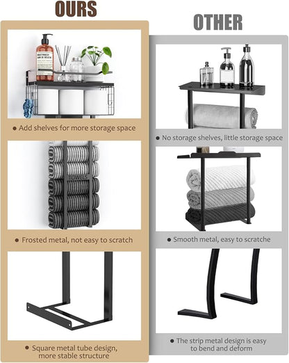 Aetyord Towel Racks for Bathroom 31inch Wall Mounted Towel Rack,Floating Shelf with Wood Plank,Towel Storage for Bathroom can Holds 6 Large Rolled Towels,All Black