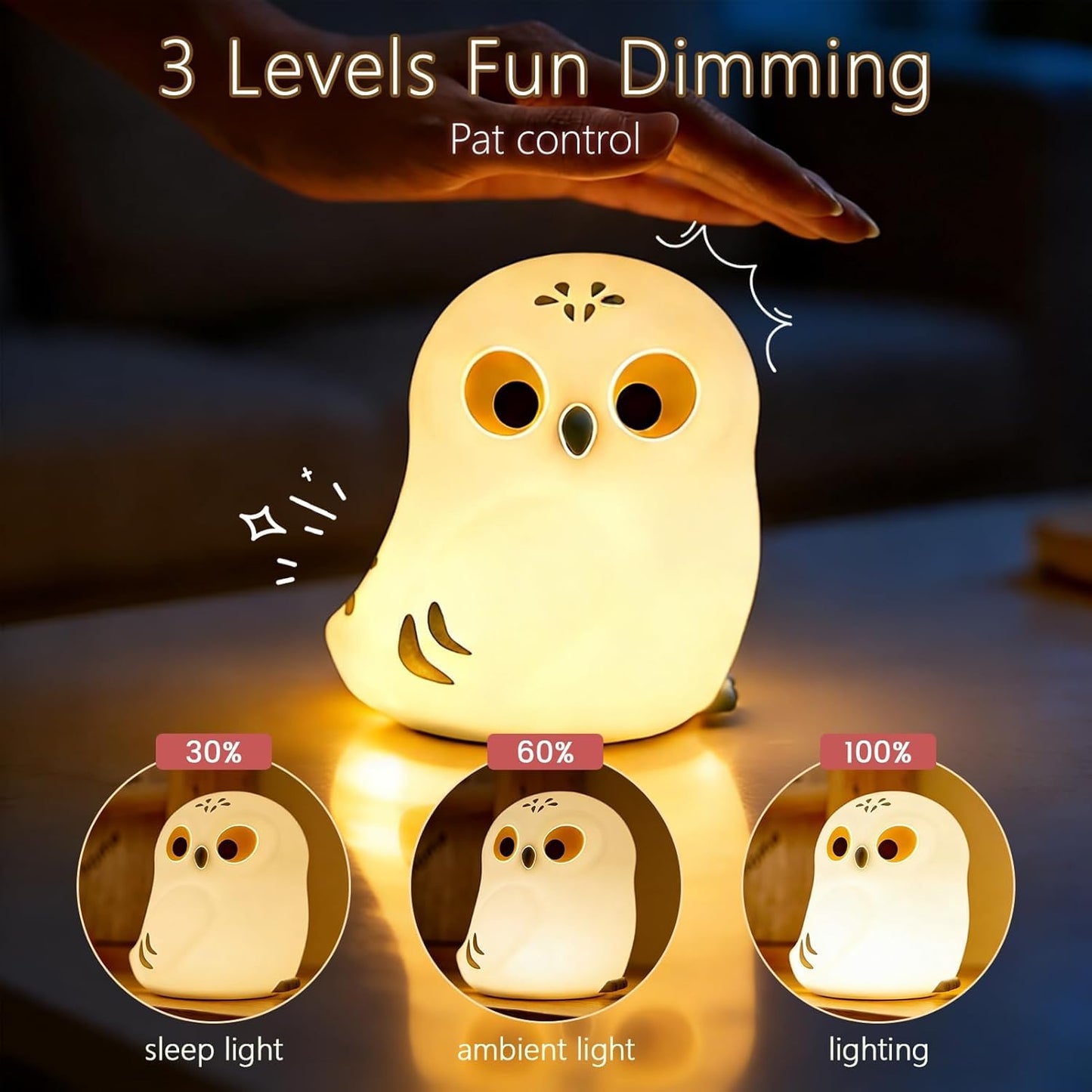 Cute White Owl Night Light for Kids, Squishy Lamp Owl Gifts, Rechargeable Dimmable LED Bird Nightlight, Nursery College Dorm Décor, Funny Foldable Box to Display House, Safe Silicone Baby Toy