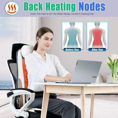 Shiatsu Back Massager with Heat, Massage Chair Pad Seat Cushion for Stress Relief, Deep Tissue Kneading & Roller, 2 Vibration Motors, Back Waist Hip Massager, PU Leather, with 2 Adapters