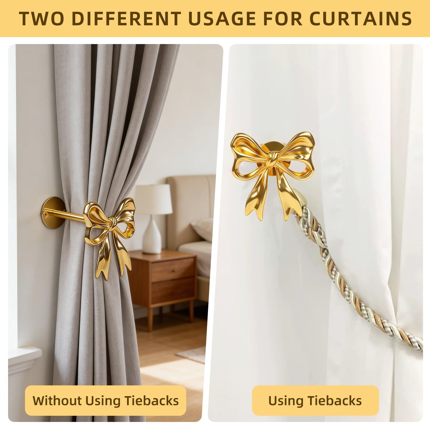 2Pcs Gold Bow Curtain Holdbacks Tiebacks for Wall - Heavy Duty Metal Curtain Holder Wall Mounted for Drapes Window Home Decoration