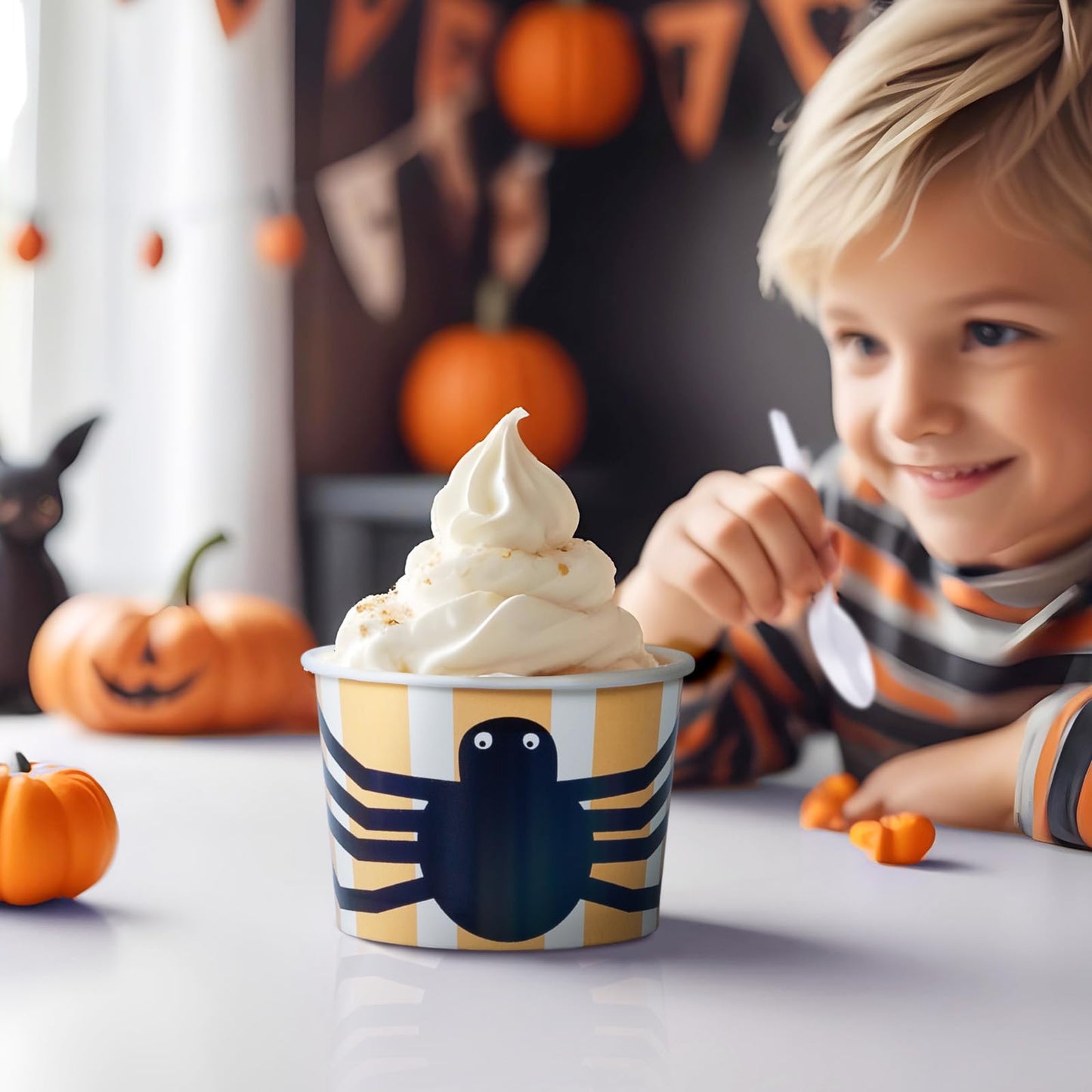 Confettiville Paper Ice Cream Cups, 50-Count 9-Oz Disposable Dessert Bowls for Hot or Cold Food, 9-Ounce Halloween Party Supplies Treat Cups, Spider