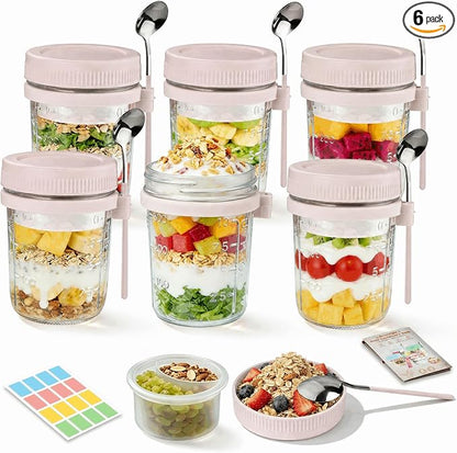 6 Pack Overnight Oats Containers with Lids and Spoon - 16 oz Glass Mason Jars with Separate Compartments Leakproof Chia Pudding Salad Yogurt Parfait Cups for Oatmeal Cereal Meal Prep (Beige)
