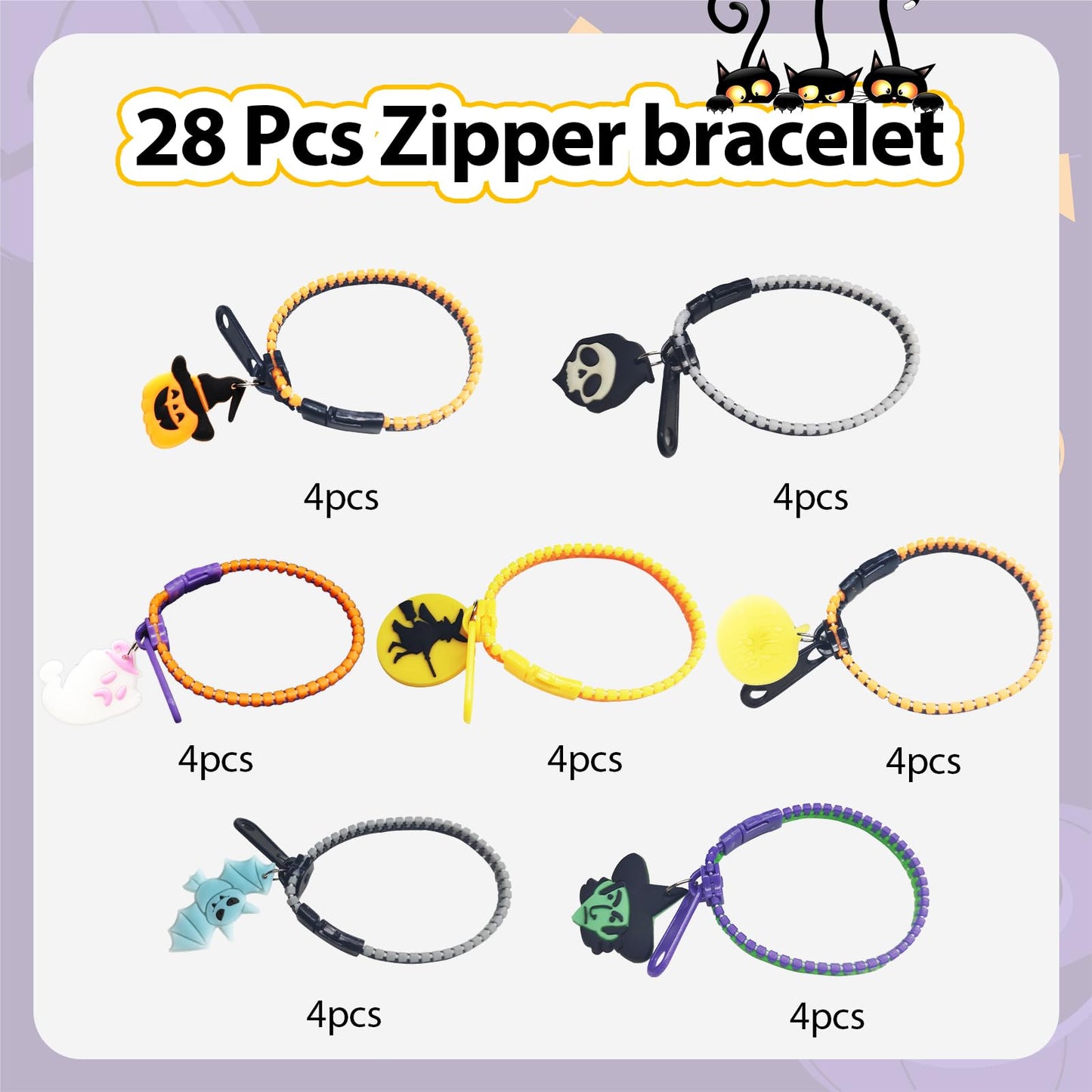 OuMuaMua Kids Halloween Party Favors Zipper Bracelets, 28 Pack Glow in the Dark Halloween Zipper Wristbands for Kids Gifts, Giveaways,Goodie Bag Fillers