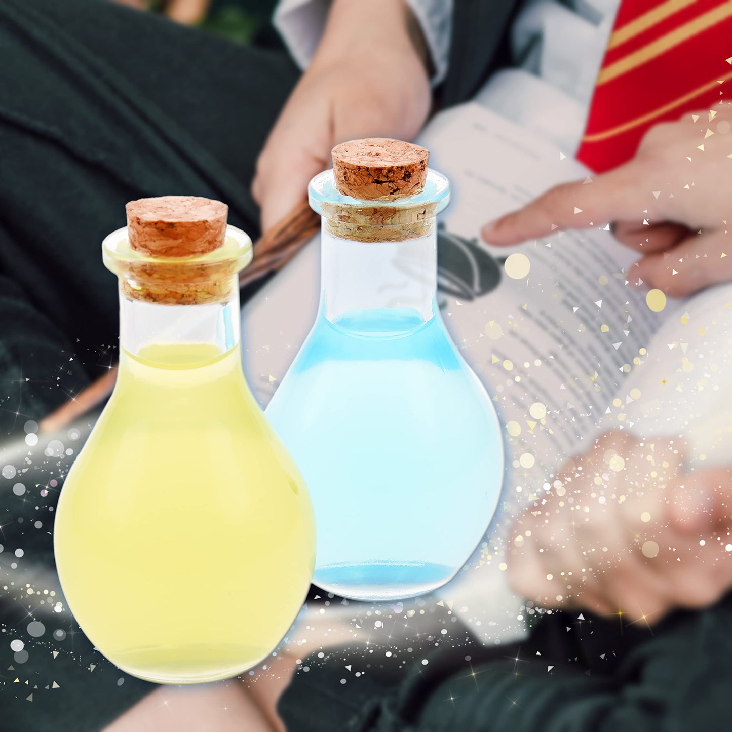 Eco-Fused Cosplay Potion Bottle 2x (Big/Small) - Clear Spherical, Wizard, Costume Accessory - Incl. Cork Stopper, Brown Faux Leather Sleeve Holder, Belt Loop