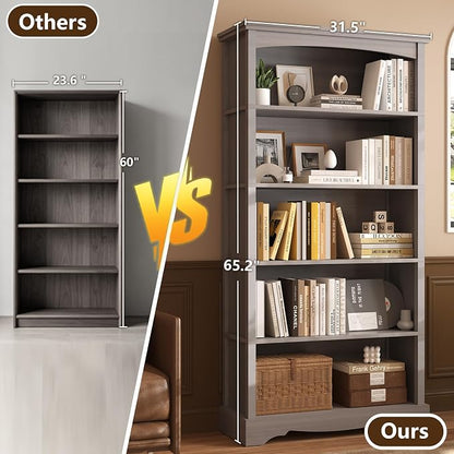 TVU 5-Tier Wooden Bookshelf, 65 Inch Tall Bookshelf with Storage, Floor Standing Modern Style Display Bookcase for Living Room, Office, Study Room, Entryway, Grey