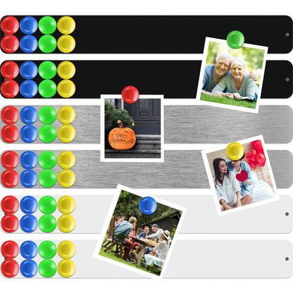 Outus 6 Pcs 15" x 2" Magnetic Wall Strips, Magnetic Bulletin Board Strip Set with 48 Pcs Colorful Magnets, Metal Display Board for Office Home Notes Photos(Silver, Black, White)