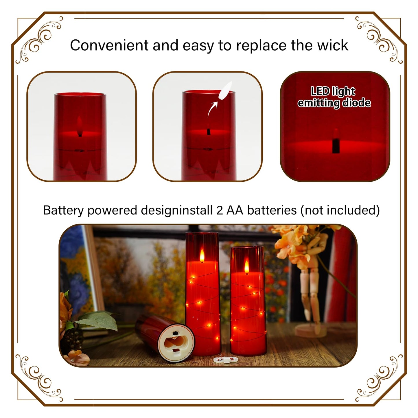Nimiko Flickering Flameless LED Candles,Battery Operated Candles 9 Pcs with Embedded Star String,Acrylic LED Pillar Candles with Remote,Suitable for Home Decoration to Create an Atmosphere（Red）