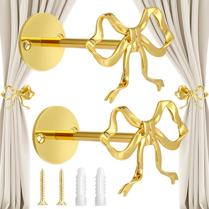 2 Pcs Gold Bow Curtain Tiebacks, Bow Curtain Holdbacks Wall Mounted, Suitable for Curtains and Bow Room Decoration