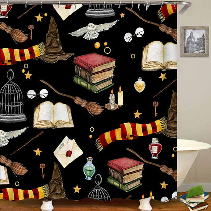 OLEBETY 4PCS Witchy Magical Halloween Shower Curtain Sets With Rugs, Waterproof Fabric Black Shower Curtain, Funny Magic Book Wizard Hat Owl Broom Mysterious Spooky Teen Boys Girls Kids Bathroom Decor
