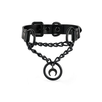 ADEMISHIA Black Gothic Chain Choker with O-ring and Moon Pendant, Punk Grunge Emo Leather Necklace For Women