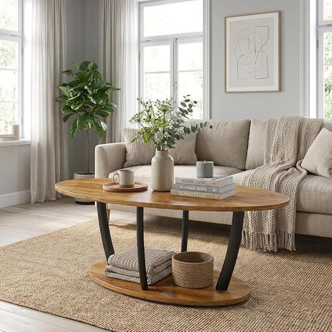 Manora Rustic Oval Coffee Table with Storage Shelf, 2-Tier Wood Grain Center Table for Living Room, Farmhouse Tea Table with Sturdy Black Legs for Apartment, Small Spaces, Easy Assembly, Brown