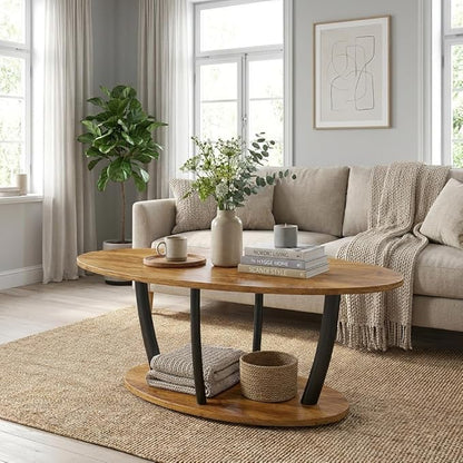 Manora Rustic Oval Coffee Table with Storage Shelf, 2-Tier Wood Grain Center Table for Living Room, Farmhouse Tea Table with Sturdy Black Legs for Apartment, Small Spaces, Easy Assembly, Brown