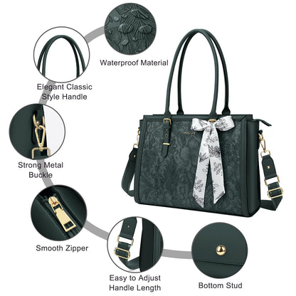 MOSISO Laptop Bag for Women, 15.6-16 inch PU Leather Tote Bag Compatible with MacBook, HP, Dell, Asus Notebook, Front Embossed Retro Hibiscus Computer Bags with Silk Scarf&Clutch Purse, Emerald Green