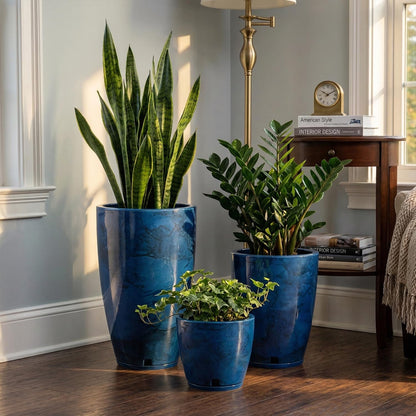 Floridis Plastic Plant Pot, Blue Marble Effect, Set of 3 (11+17+25 inch) with Drainage Hole and Saucer. Outdoor and Indoor Set of Black planters for patios, Front Porch.