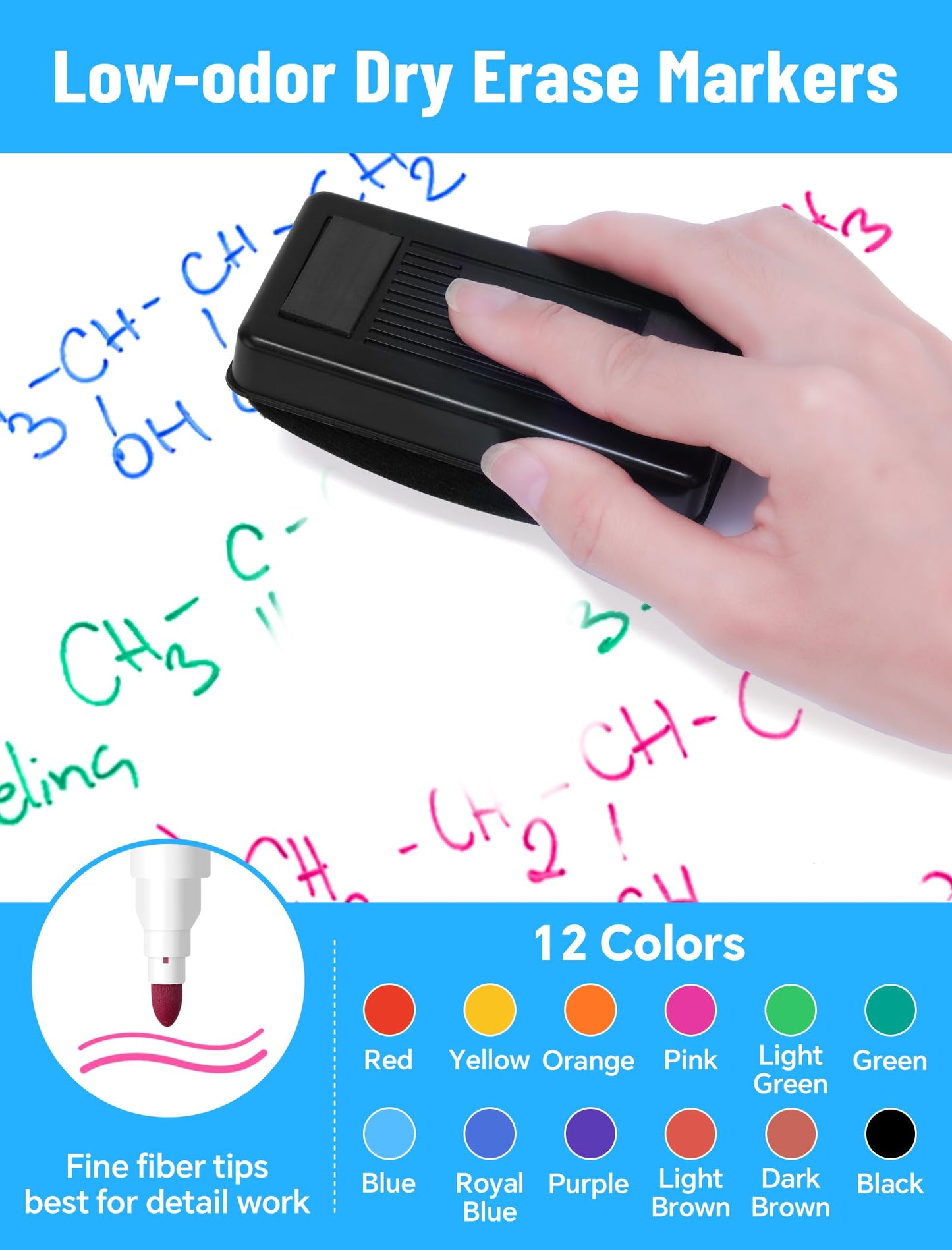 NiArt Whiteboard Magnetic Dry Erase Marker Holder Set, 12 Colors Fine Markers, Dry Eraser for Office, Magnetic Carrying Case