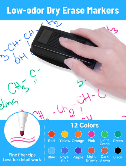 NiArt Whiteboard Magnetic Dry Erase Marker Holder Set, 12 Colors Fine Markers, Dry Eraser for Office, Magnetic Carrying Case